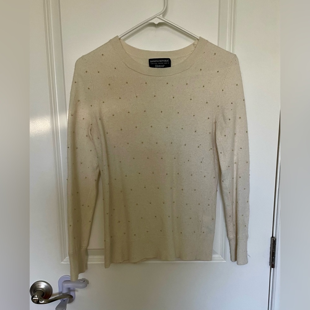 Banana Republic Ivory Knit Top with Gold Beading